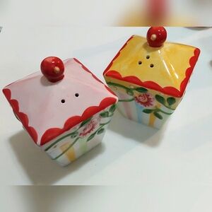 CERIZES - Sakura Hand Painted Red Cherry Pastel Striped Salt & Pepper Shaker Set